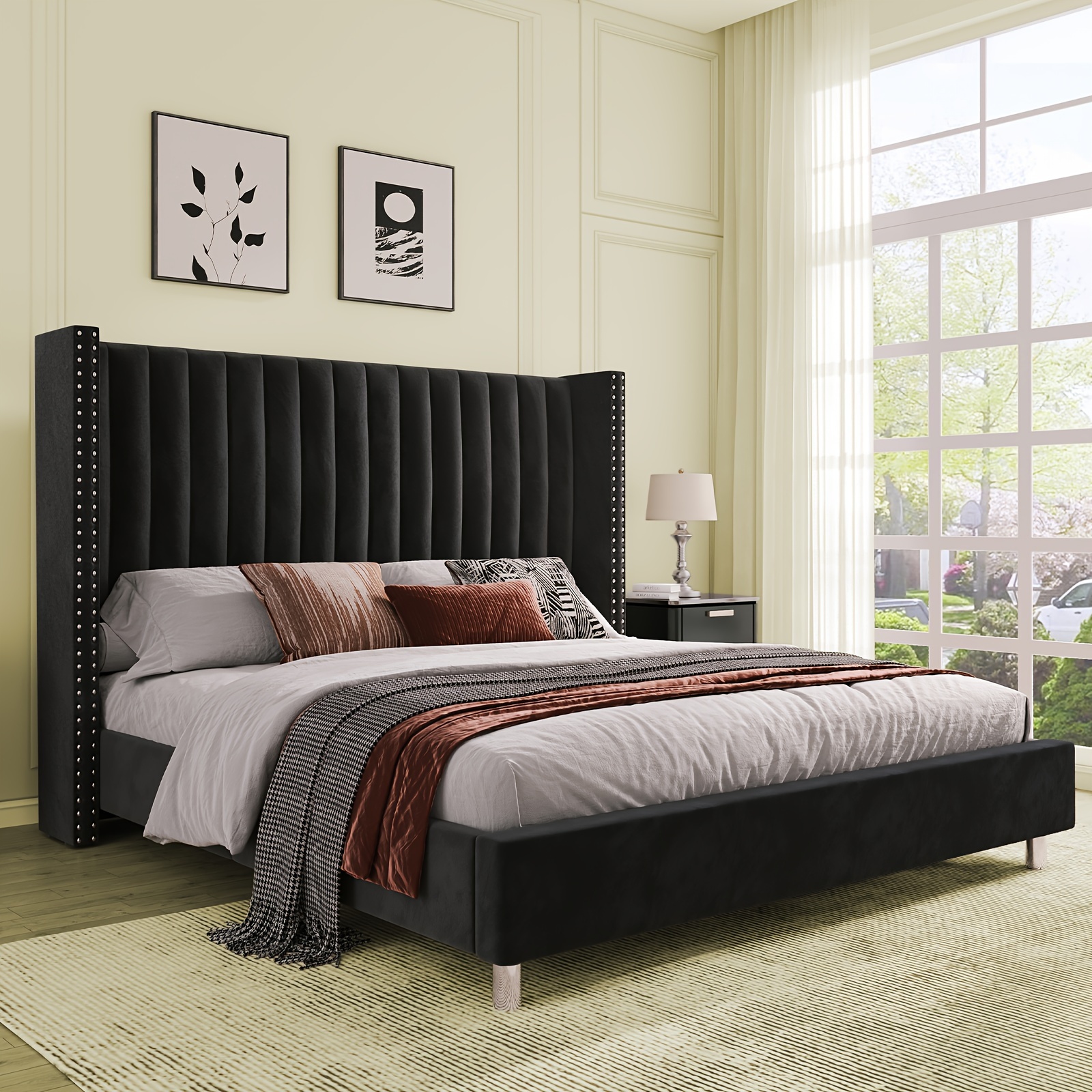 PaPaJet Bed Frame with Vertical Channel Upholstered Tufted Velvet Wingback Headboard, Platform Bed, No Box Spring Needed, Easy Assembly