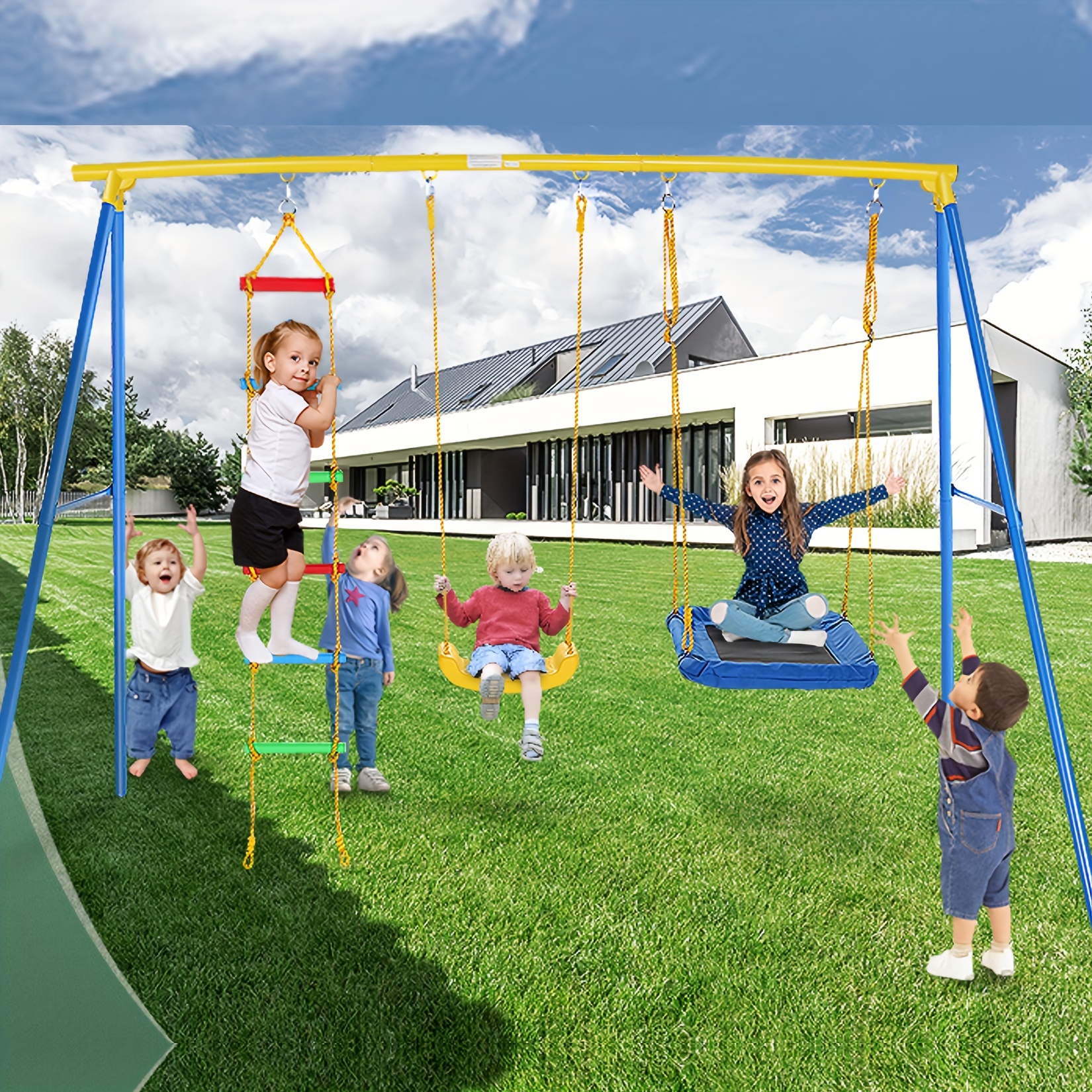 

3 In 1 Swing Set For Backyard, Heavy Duty Metal Outdoor Stand, 550 Lbs Weight Capacity Adjustable Playground Playset For Kids Toddlers With 2 Swing Seat And Climbing Ladder