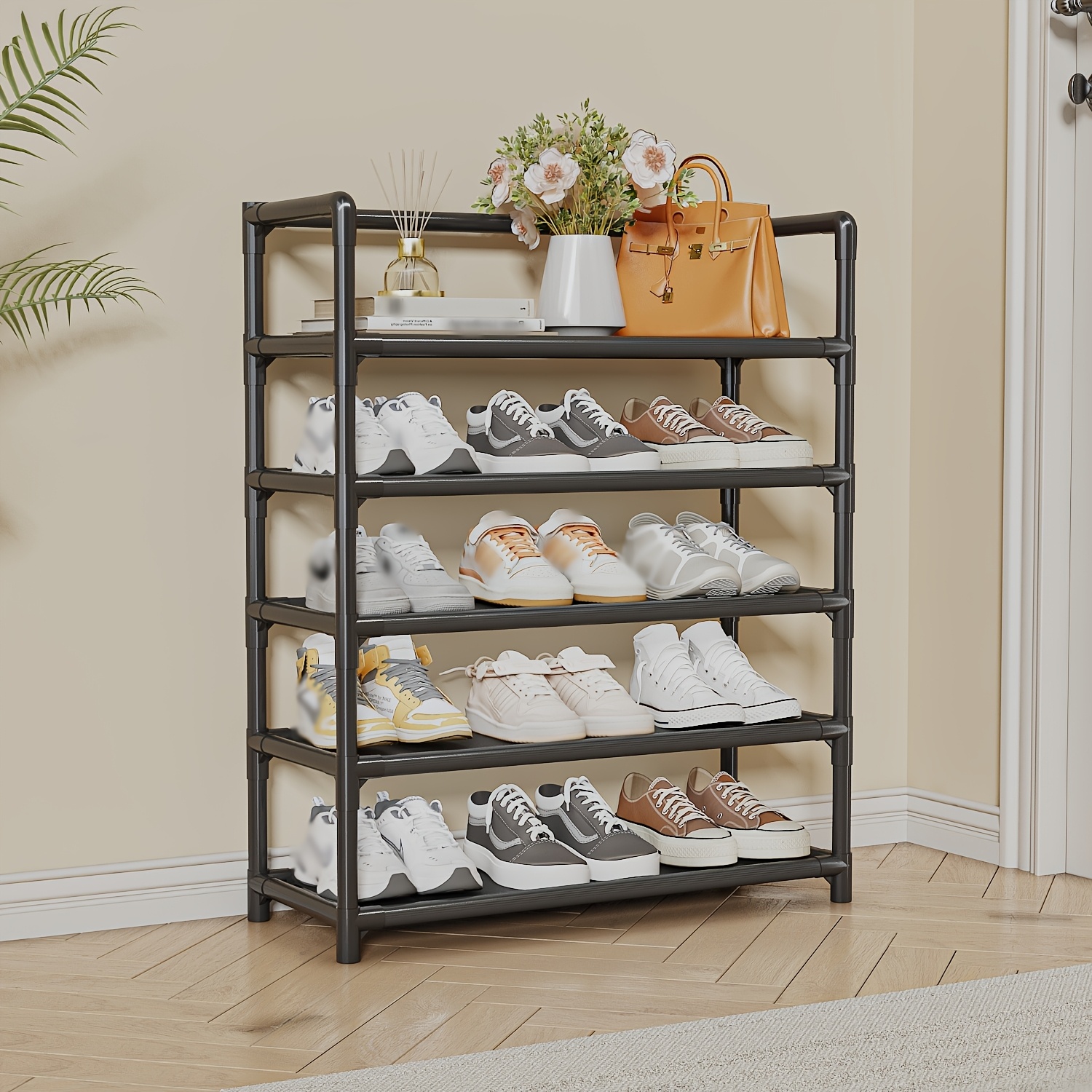 1pc tier metal shoe rack golden pipes durable space saving