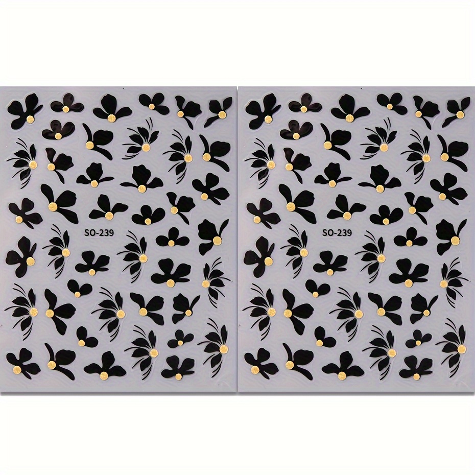 2 Black Flower Nail Stickers - Spring And Summer Nail Decals - Dark Petal Nail Decorations - Holographic Nails - Easy To Apply So-239