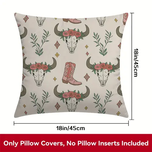 1pc bohemian western throw pillow cover buffalo skull with red flowers green leaves yellow diamonds on single sided zip closure machine washable polyester 18x18 inch 45x45cm for sofa living room bedroom decor sofa accessory polyester fabric