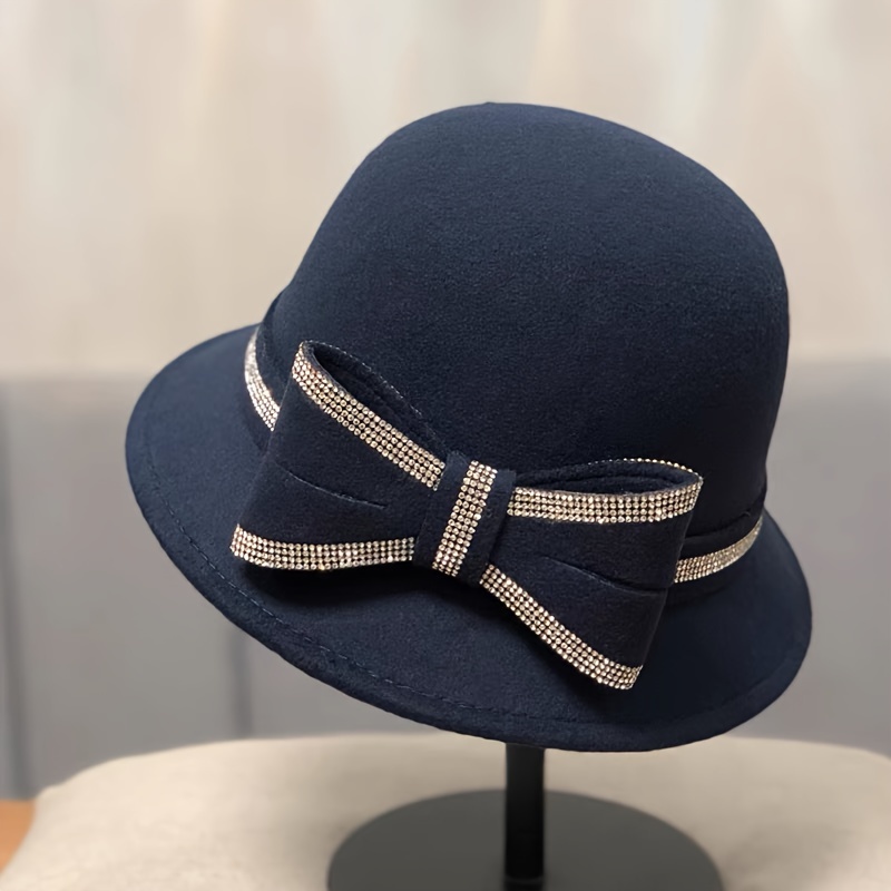 TEMU 1pc Fisherman Hat, Stitched Women's Elegant Style Fashionable Versatile Top Hat With Rhinestone Bow, Tweed Bucket Hat, British Vintage Dome Top