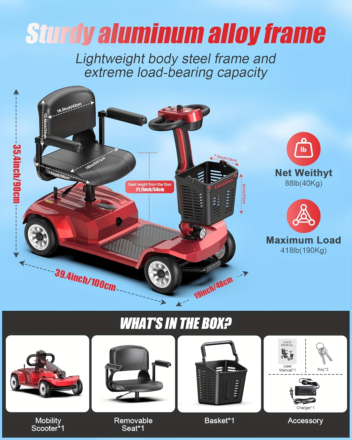 lightweight 4-wheel electric mobility scooter with non-slip   solid tires, front basket, led headlight, foldable adult mobility scooter with red/black/blue/purple colors, senior transportation, safety features disabled mobility aid Product details 5