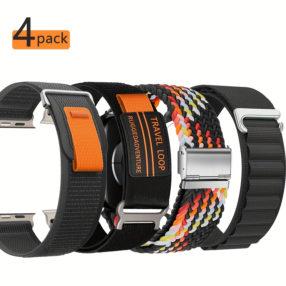 TEMU 4pcs Ttishei Premium Nylon Watch Bands For Watch Ultra 2/1, For Iwatch Series 10/9/8/7/6/5/4/3, 49mm/45mm/44mm/42mm/41mm/40mm/38mm, Braided Loop
