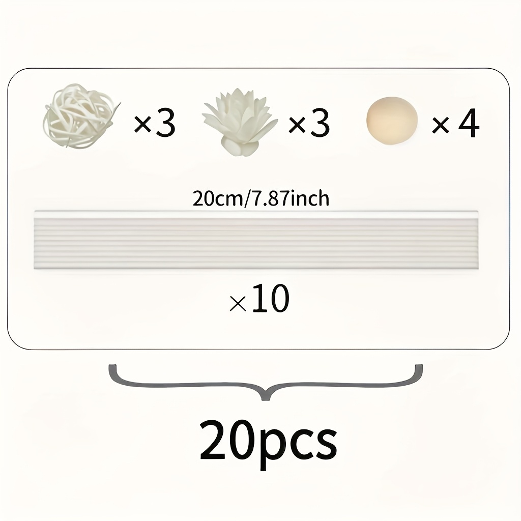 Image of 20pcs Diffuser Set - Includes 10 White Sticks, 3 Rattan Balls, 3 Artificial Flowers And 4 Beads - Perfect For Home Decoration, Restaurant Decoration, Room , Wedding And Party Decoration