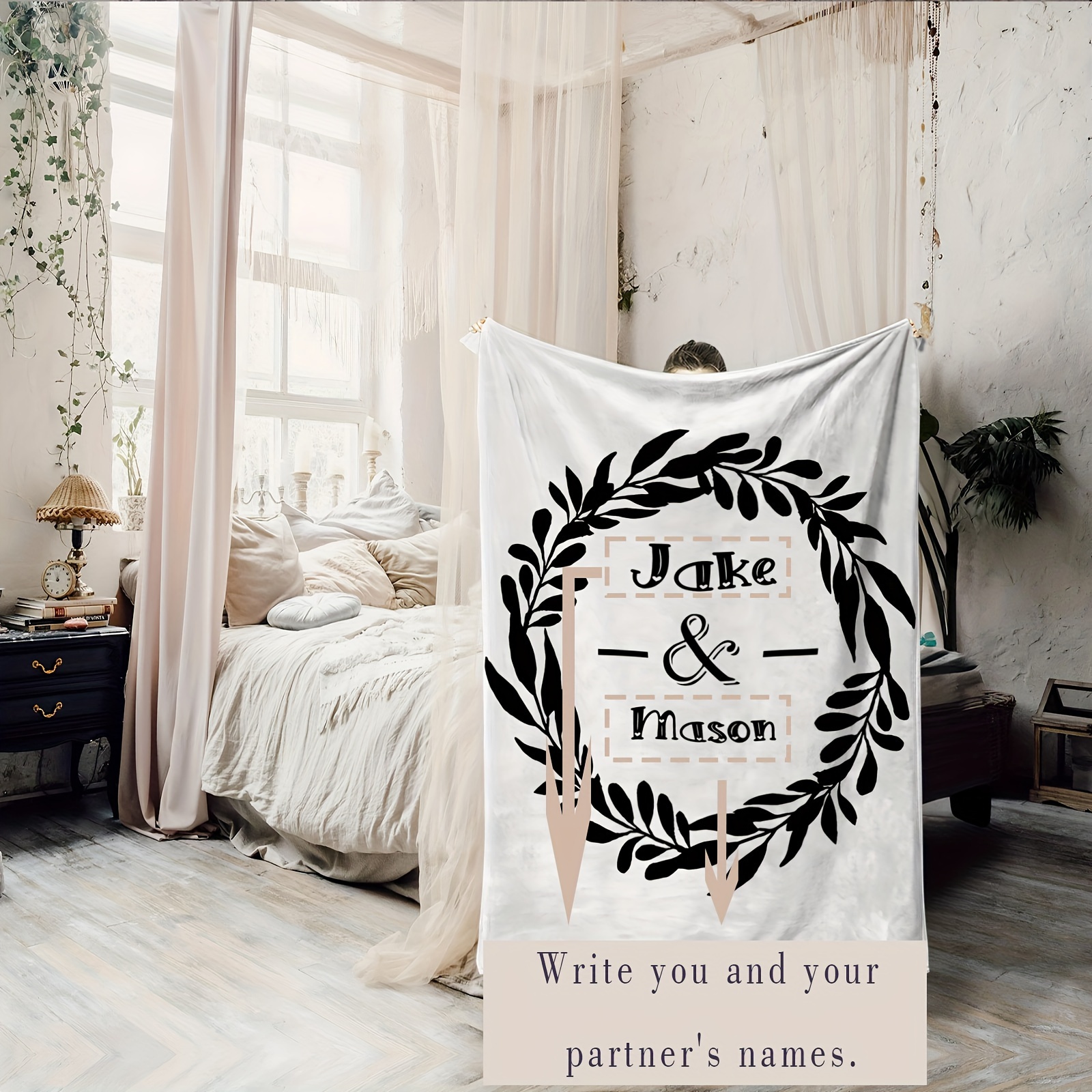 

Customizable Couple Names Flannel Throw Blanket - French Style Printed Polyester Knitted Cozy Blanket For Wedding Anniversary, Engagement, Wedding Gift - Multipurpose Throw With Personalized Names