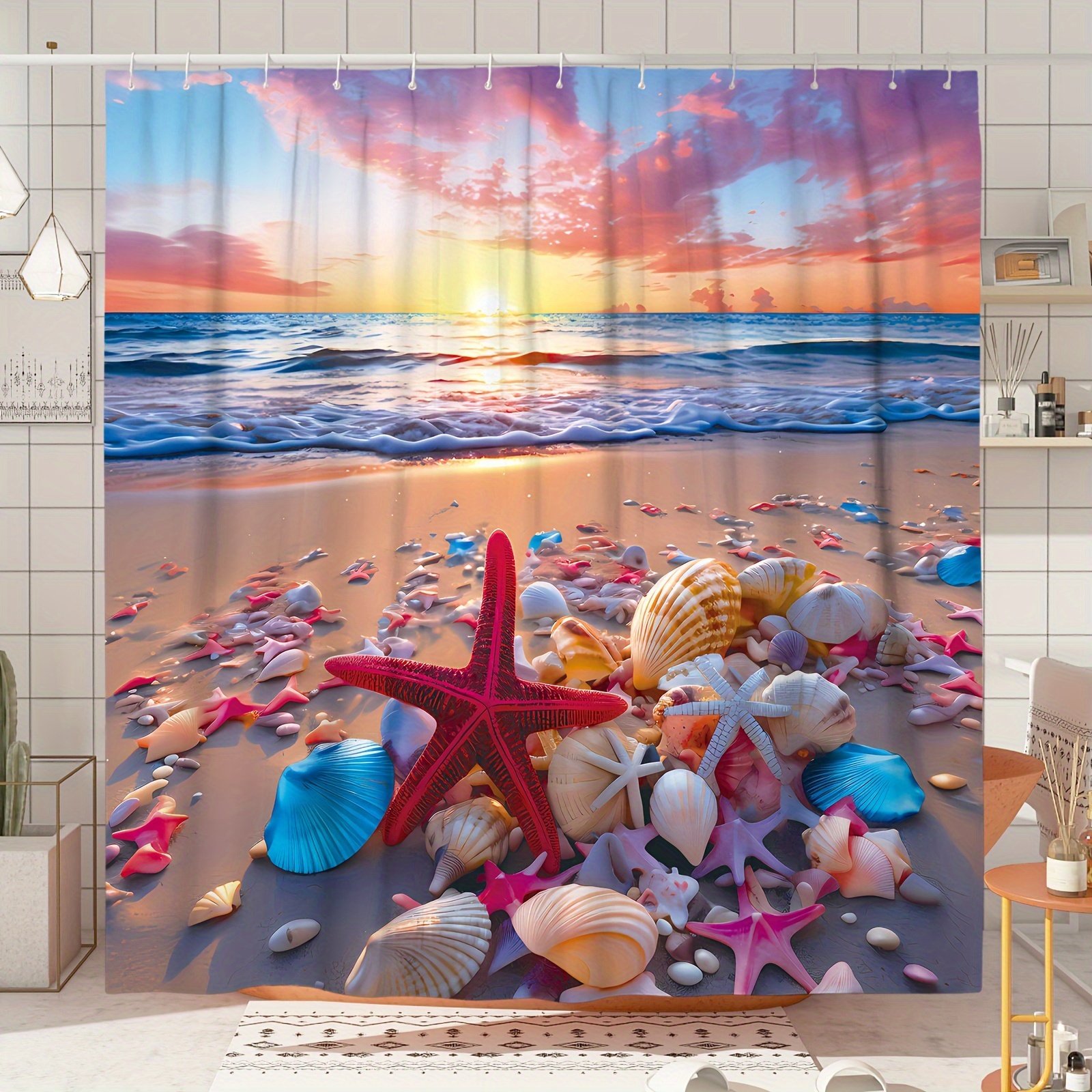

1pc Coastal Shower Curtain, Beach Ocean Sunrise Starfish Shells Blue Pink Bath Curtain, Waterproof Shower Curtain With 12 Hooks, Suitable For Apartment, Dormitory, Bathroom Or Bathtub Decor
