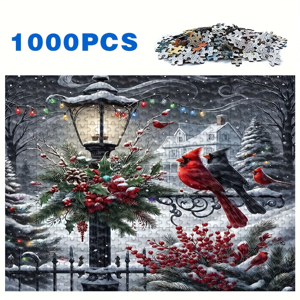 TEMU 500/1000pcs Adult Puzzle - Winter Christmas Birds & Snowy Landscape With Puzzle Pieces, Large Challenge For Adults & Families, Stress- Activity,