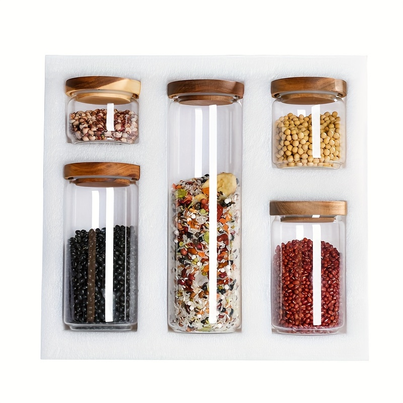 Image of Sea Freight, 5pcs Set High Borosilicate Glass Acacia Wood Lid Grains Storage Bottle Large Capacity Storage Jar Household, 5 Different Capacity Bottles, Free Pen And Label Paper