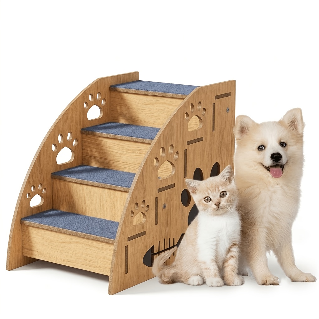 TEMU Small Pet Stairs For Bed/couch With Ramp & Safety Rails - 3-4 Step Dog Steps Suitable For Small/medium Dogs, Cats, Senior Pets - Thickened Wood,