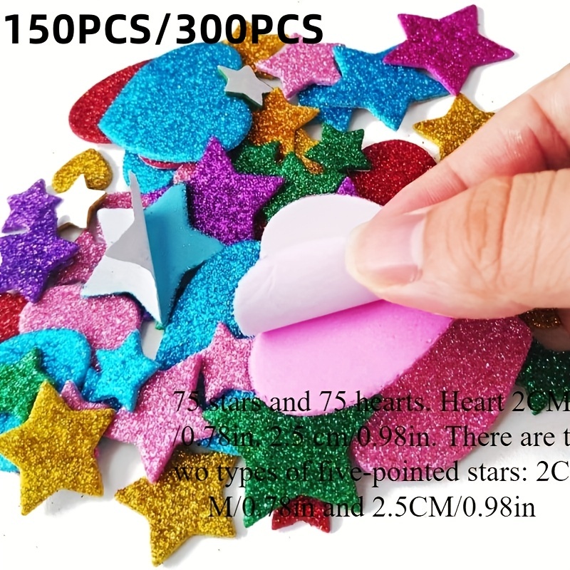 

150 /300pcs Colorful Glitter Foam Stickers: Self-adhesive Stars & Hearts For Arts, Crafts, Greeting Cards & Home Decor