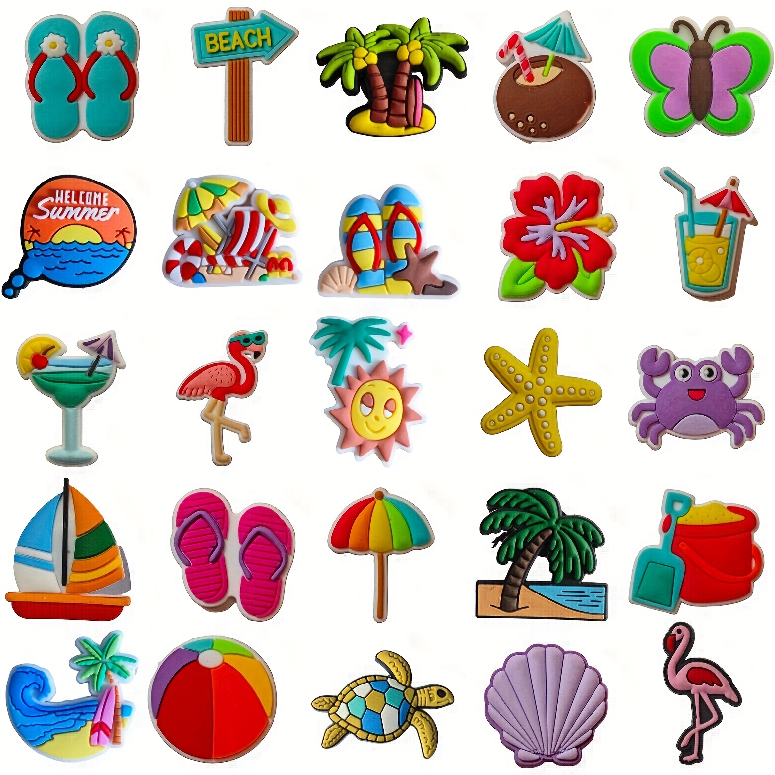 E-shop 25 Stück Hawaii-Themen PVC Schuhcharms – Kokospalme, Strand, Surfbrett & Schwimmender Fisch/Meer Dekorationen, geeignet für Sommergeschenke,