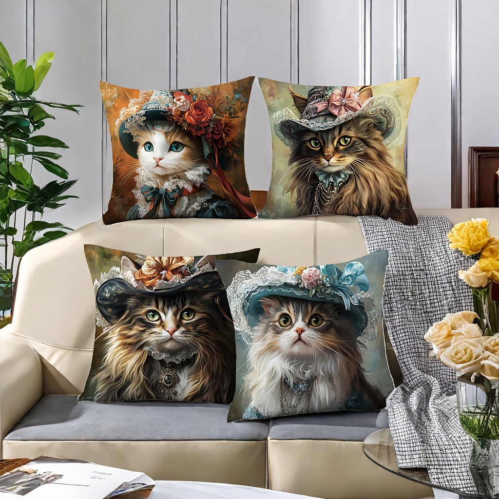 4pcs victorian elegant cat throw pillow covers large 17 72x17 72 inch   cases with zipper closure floral for sofa bed car living room decor pillow inserts not included perfect gift for cat lovers sofa accents whimsical   polyester bedroom accessories vintage design doublesided printing decorative pillows   Product details 1