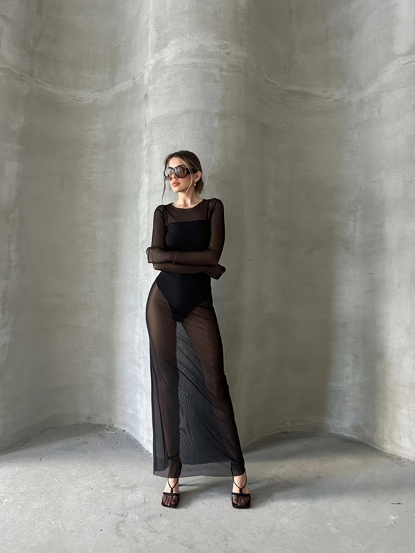 2026 New * Sheer Mesh Long-Sleeve Fitted Dress, Black Beach Cover-Up Dress