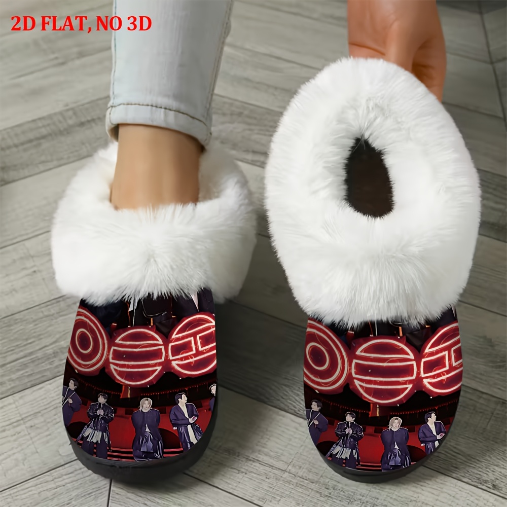TEMU Popular K-pop Groups 2d Printed Women's Winter Slippers - Indoor/outdoor Home Slippers, Tpr Sole, Soft Plush Lining - Warm And Comfortable For