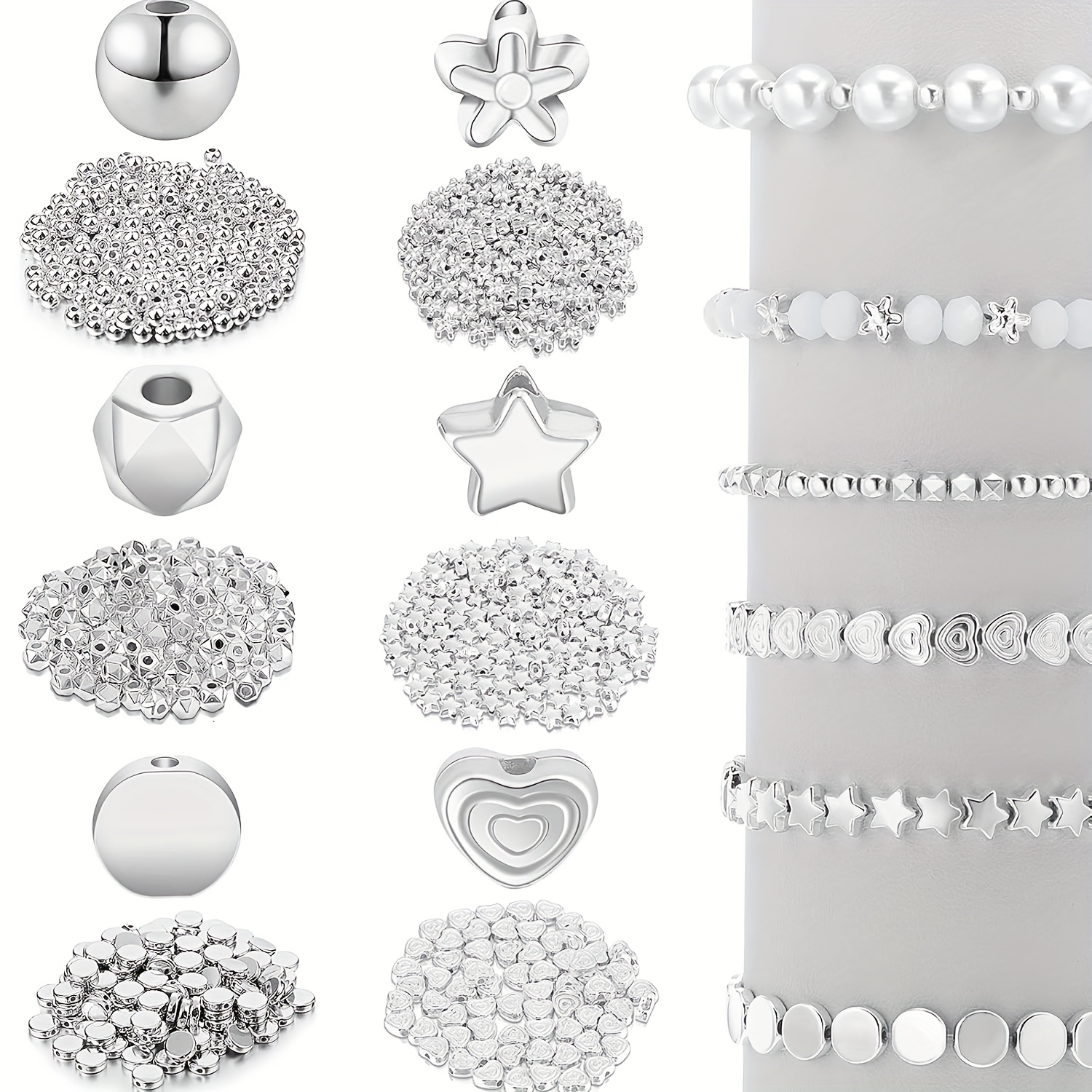 Image of 2d Flat - 1200 Beads Set Stars Circular Circular Section Shim Heart Flower Flat Disc Loose Bead Bracelet Jewelry Making (silvery+ Golden+pink) Making Crafts (beads & Bead Assortments)