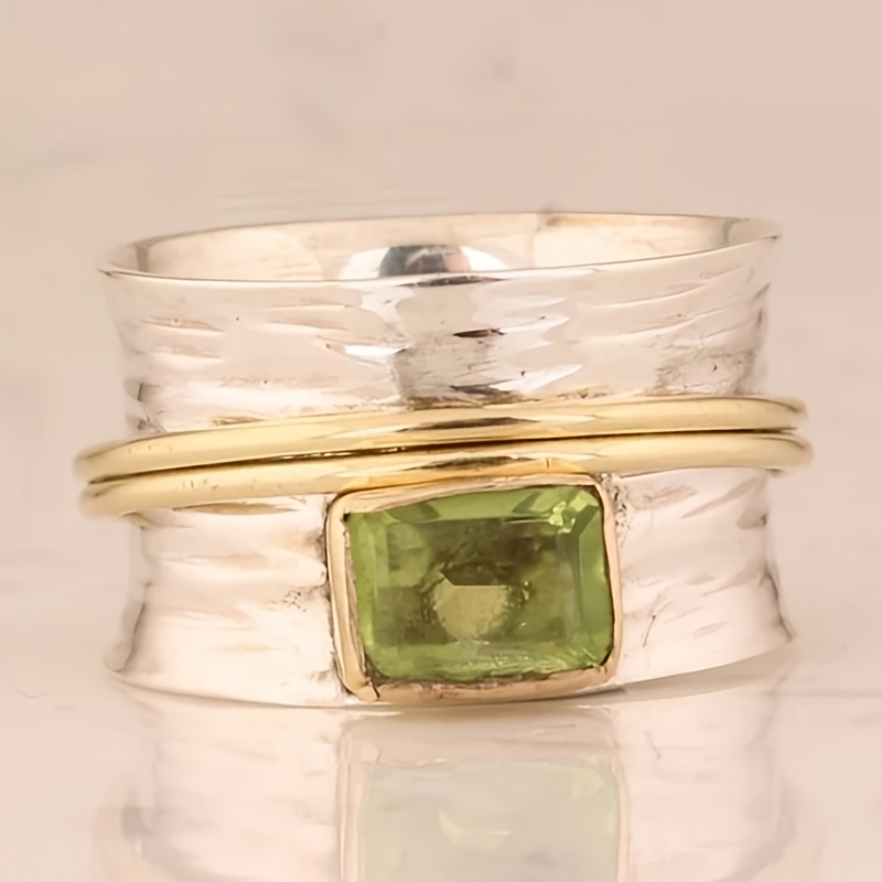 E-shop Boho-Ring mit gehämmertem Finish, zweifarbiger Einlage, grüner synthetischer Zirkonia, breiter für Damen Herren, für , Partys, als Geschenk, für