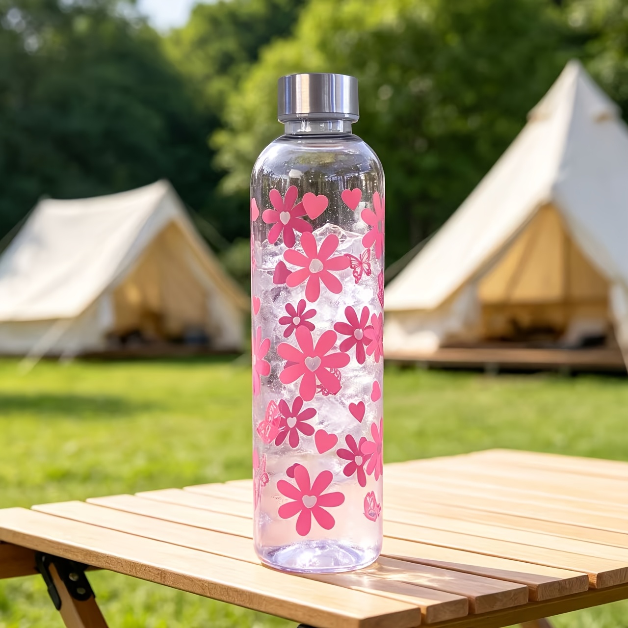 TEMU 1000ml Fresh And Clear Cute Flower Bow-themed Plastic Water Cup, For Direct Drinking, Large Capacity, Suitable For Outdoor Sports, Fitness,