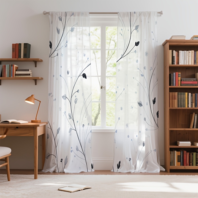 TEMU 4pcs (including 2 Straps) Simple Gray-blue Patterned Sheer Curtains, Made Of White Semi-transparent Fabric, With A Rod-bag Design, Suitable For