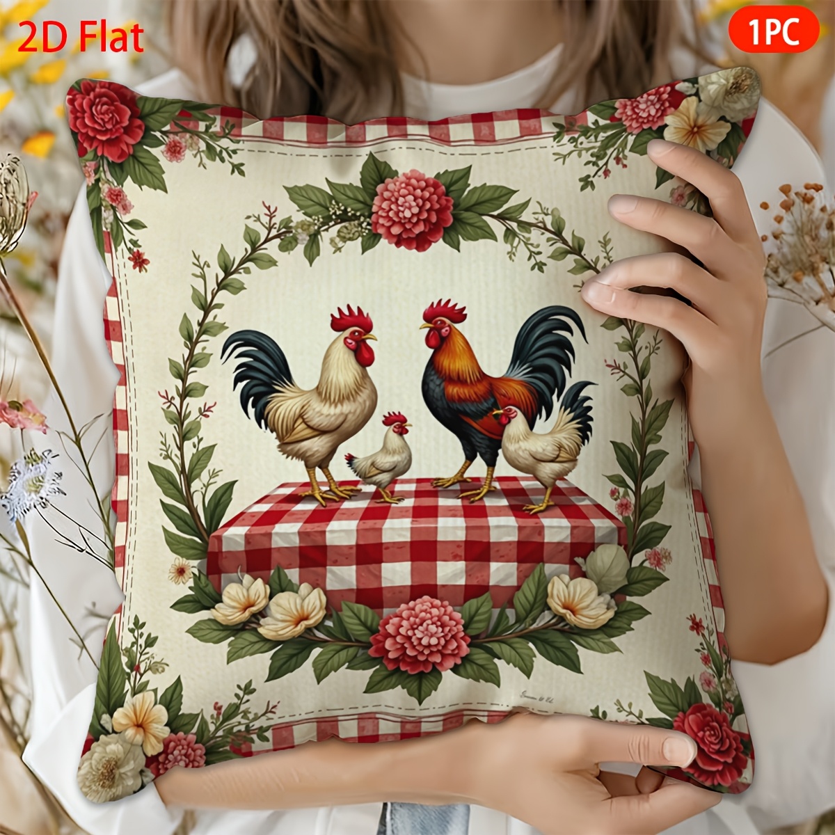 TEMU 2d Flat, 1pc, Throw Pillow Cover, Pastoral Style Chicken Flock With Floral Border Print, Themed Short Plush Pillowcase, Suitable For Sofa, ,