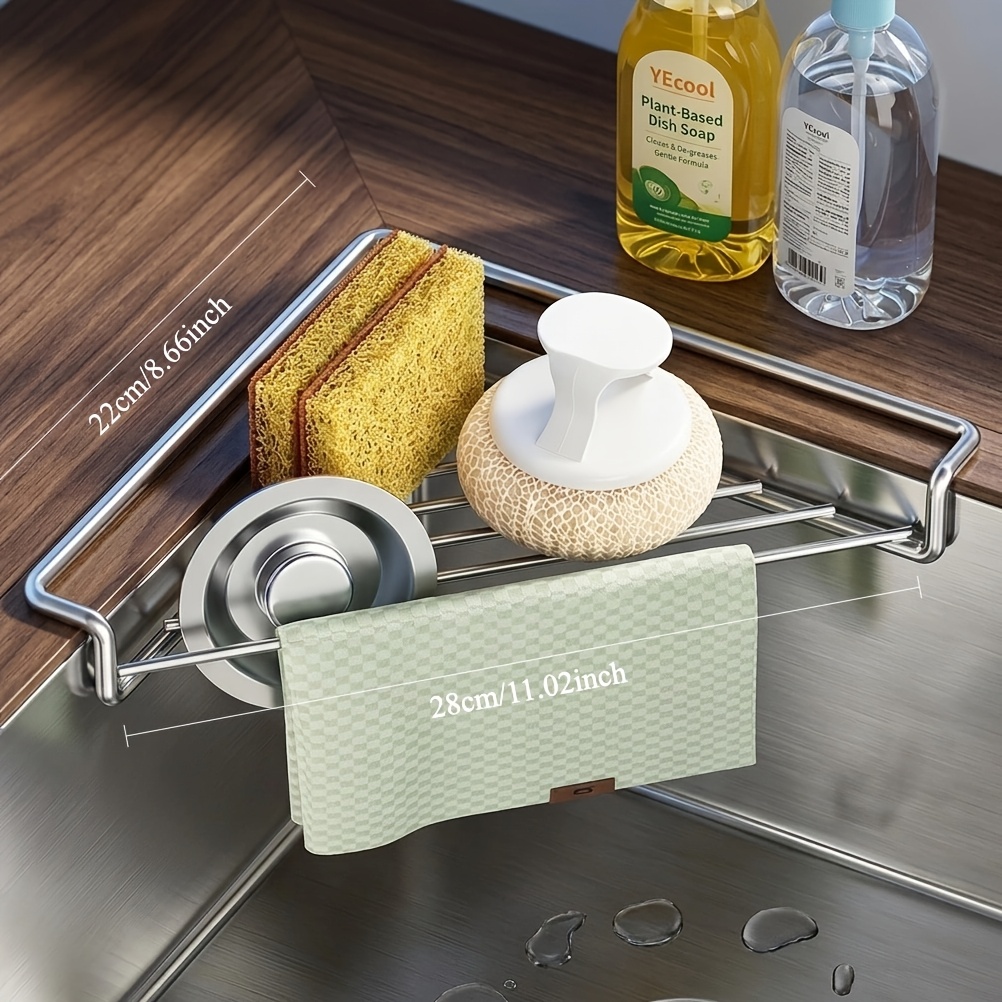TEMU Stainless Steel Sink Caddy, Kitchen Sink Corner Drying Rack, No Drill Sink Organizer For Sponge, Dishcloth, Bowl, Cup, Multifunctional Rustproof