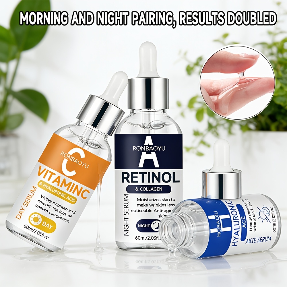 RONBAOYU Set Triplu Seruri 3 Bucăți cu Vitamina C, Retinol, Acid Hialuronic, Colagen, Acid Tranexamic, Niacinamidă și Glutation, pentru Luminozitate, Fermitate, Hidratare Profundă, pentru Toate Tipurile de Piele, Utilizare Zi și Noapte, Esențial pentru Călătorii