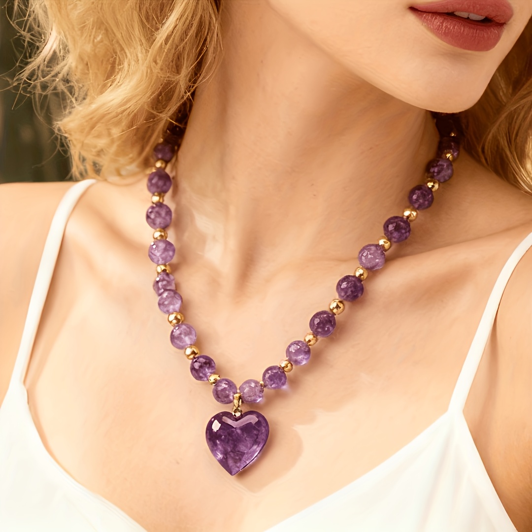 TEMU Collier élégant et en améthyste naturelle de haute qualité avec un motif de cœur, parfait pour offrir à adorable, un de cadeau unique
