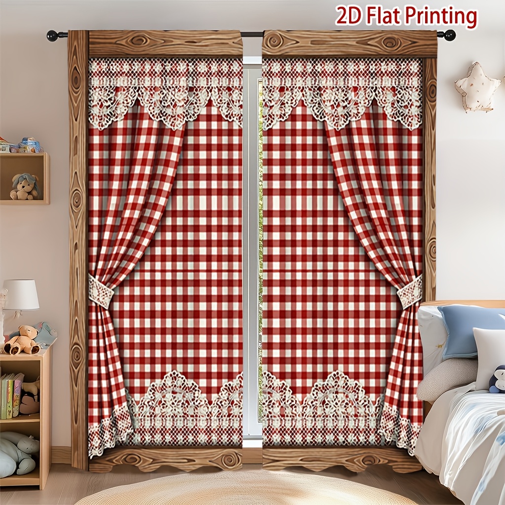 TEMU Ensemble de 2 panneaux de rideaux pour salon, cuisine, chambre - Panneaux de fenêtre semi-transparents d'intimité à carreaux rouges et et à