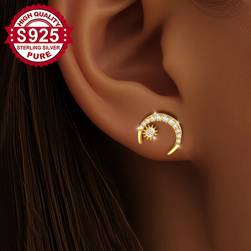 Women's S925 Silver Celestial Moon and Sun Stud Earrings, Unique Gift