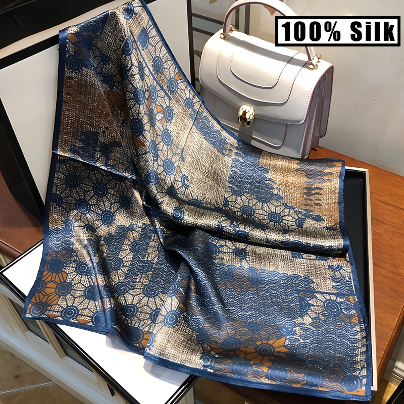 TEMU Blue Vintage Pattern Women's 100% Silk Small Square Scarf, Smooth And Skin-friendly With Natural . Unisex Classic Neck Scarf Featuring Geometric
