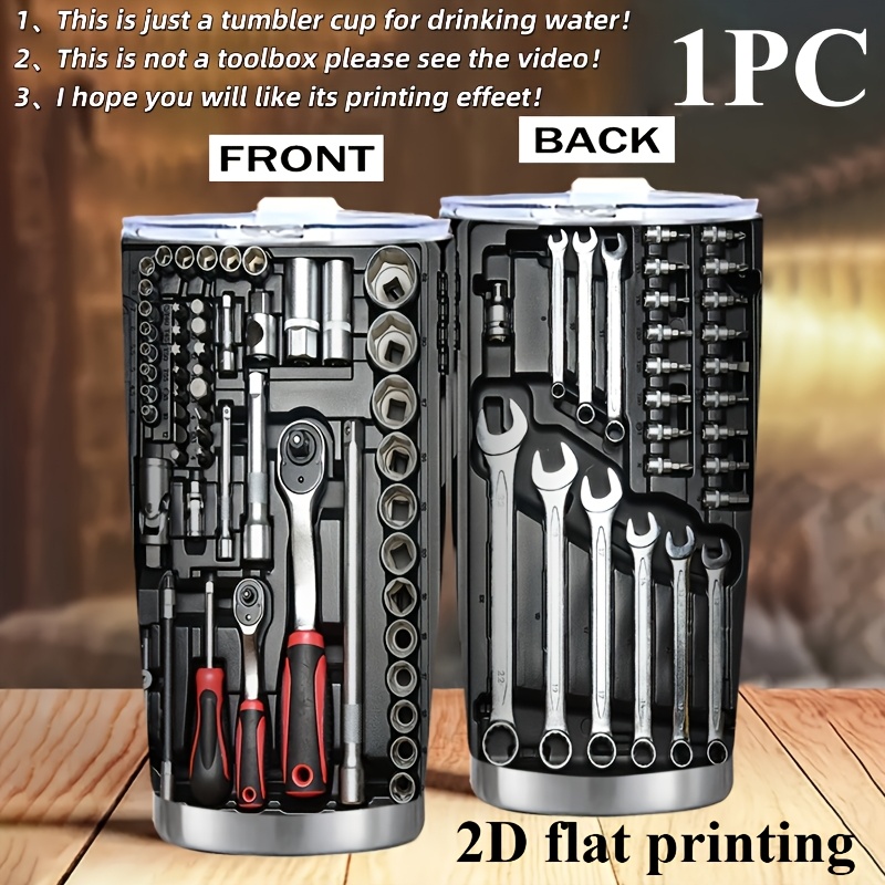 Image of 1pc 20oz Stainless Cup With Toolbox Hardware Print Design, Vacuum Insulated Travel Coffee Mug Lid - Perfect Gift For Parents Suitable Camping Hiking Driving & Travelling – Ideal Holiday Present