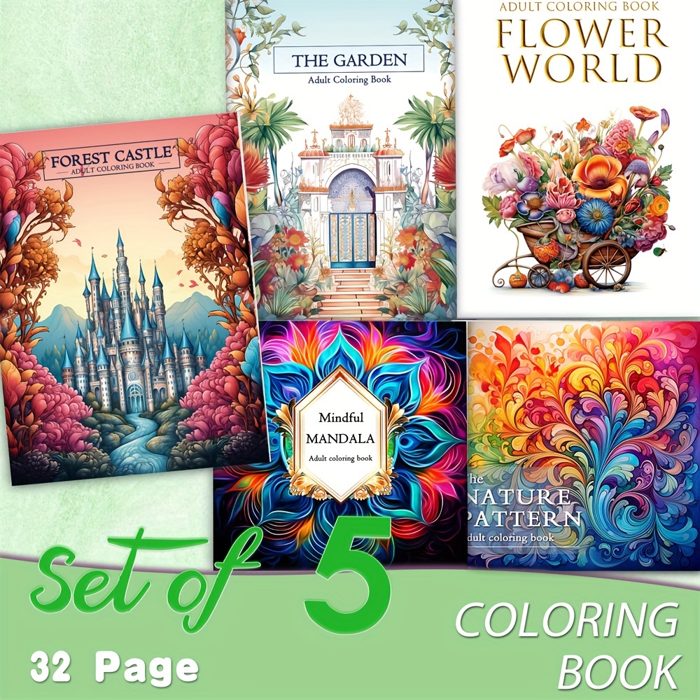 

Adult Coloring Book Set - 5pcs Of Mandalas, Nature Patterns, Forest Castles, Gardens, And Flower World Designs - 32 Pages Each - Premium Drawing Paper - Perfect Gift - Coloring Book For Relaxation.
