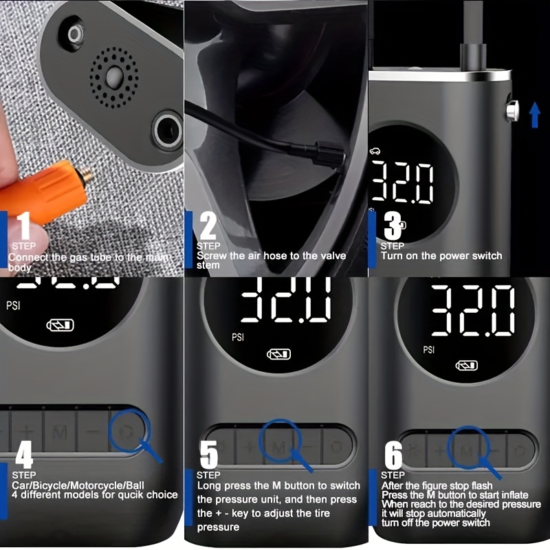 one portable air compressor and inflator a mini cordless tire pump that can to 150 psi suitable for bicycles motorcycles cars basketballs and volleyballs sports and outdoor activities usb rechargeable and operates automatically made from abs material making it an gift details 5