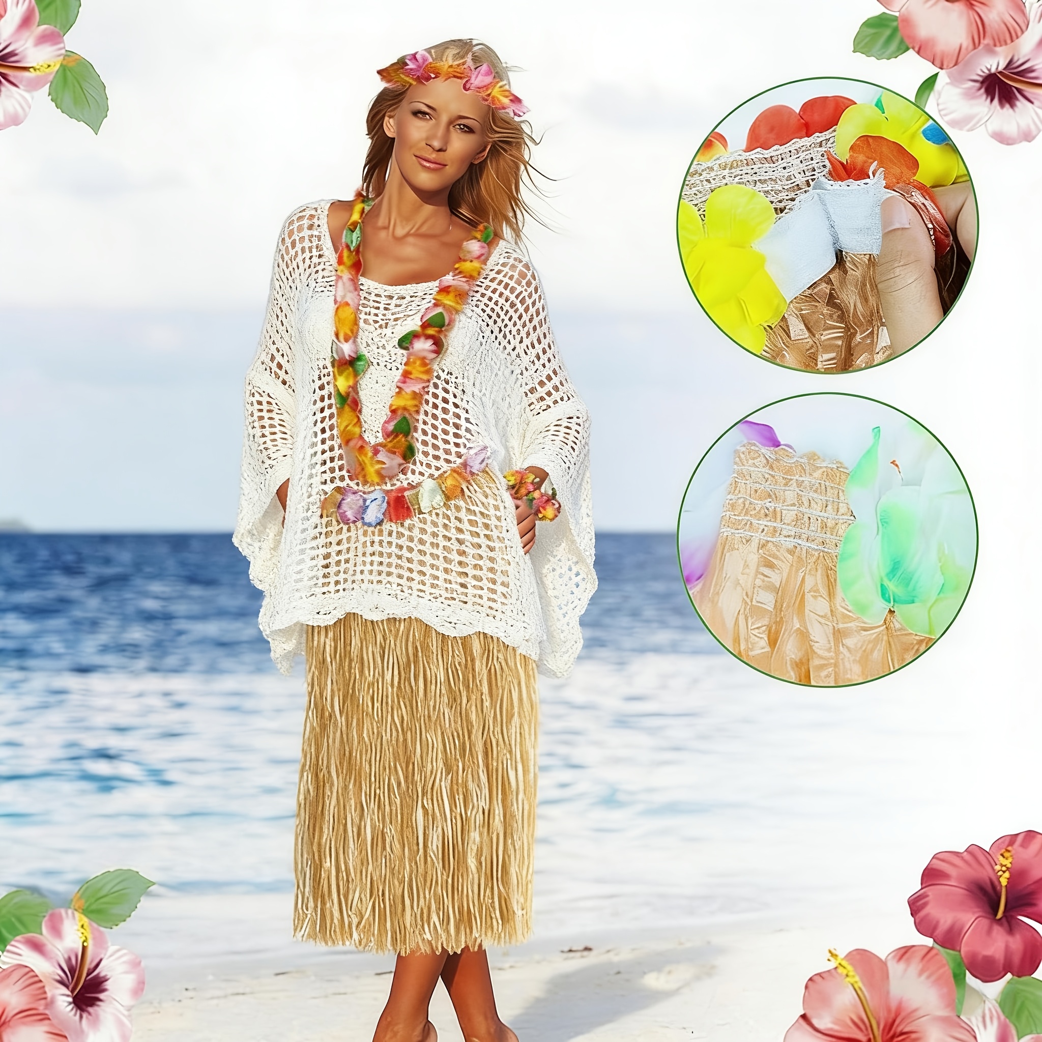 5pcs hawaiian costume complete luau party outfit grass skirt - Temu South  Africa