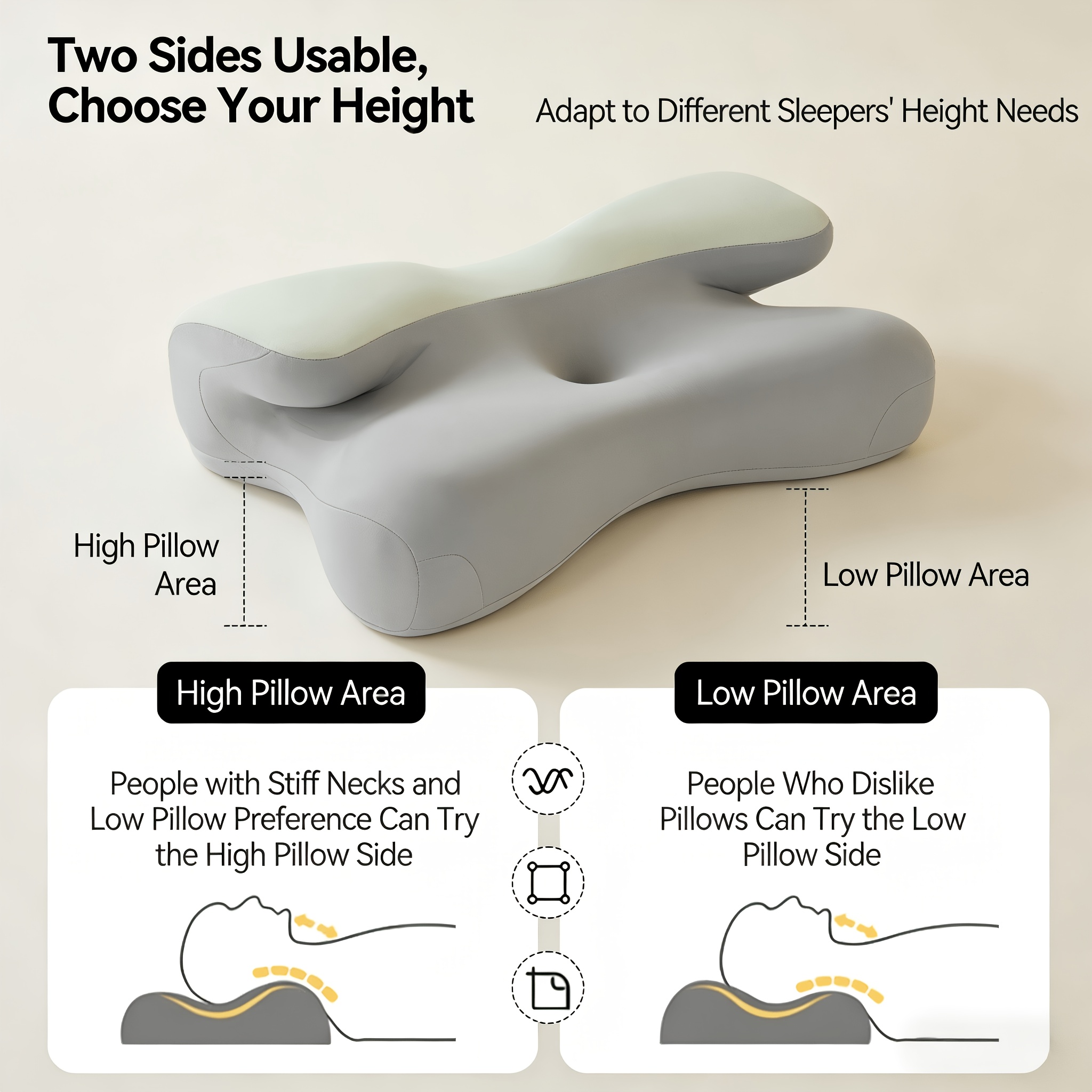 3- Neck Pillow, Ergonomic Contour Bed Cushion, Head Alignment Sleep Pillow, Daily Bedding Accessories, Side Back Stomach Sleeper Support, Home Bedroom