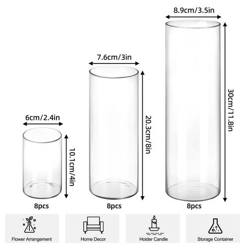 24pcs clear glass cylinder vases transparent glass candlestick with 3 sizes 4 8 11 8 inch tall cylinder vases for party table centerpieces hurricane floating candle holder vase for living room home decor floating candles
