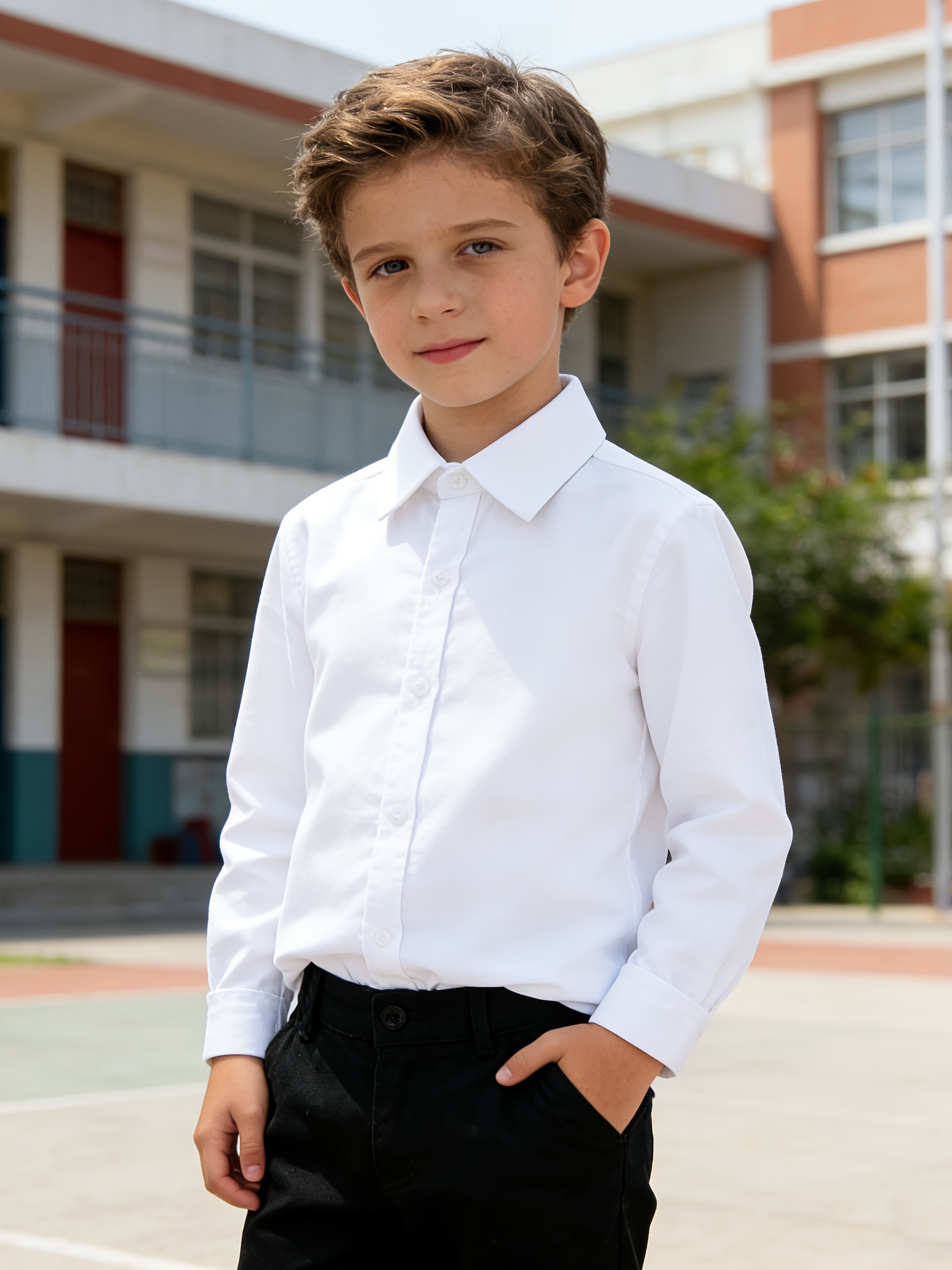 Conjunto de 3 camisas de manga larga blancas y azules para niño | Estilo preppy, tela sin elasticidad, corte regular para la escuela y presentaciones