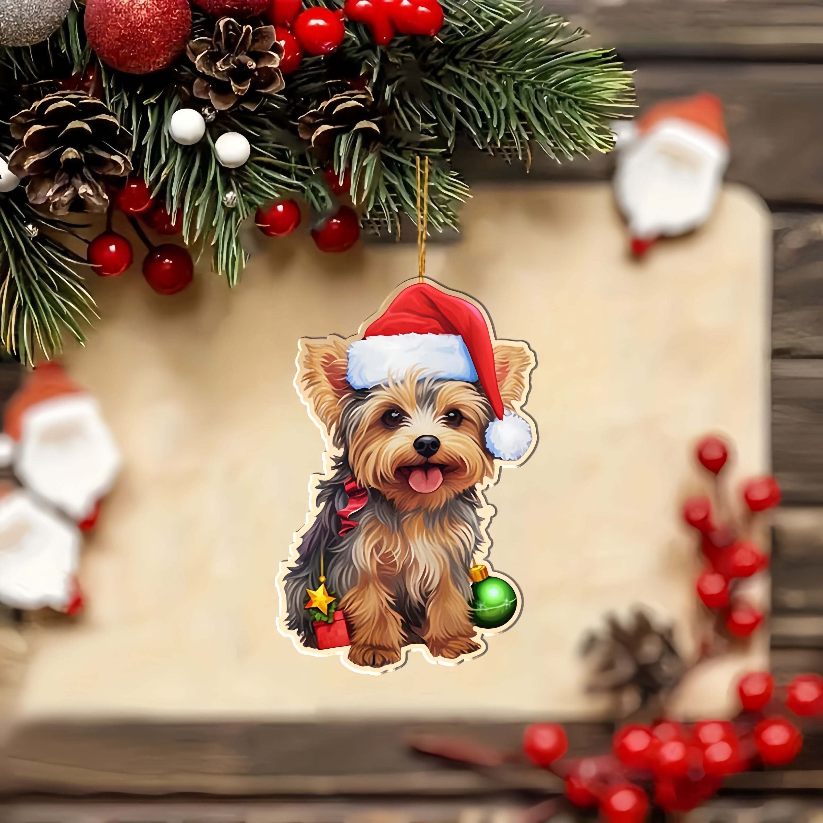 

2d Yorkie Dog Christmas Ornament - Car , Keychain, , , Christmas Tree, Phone