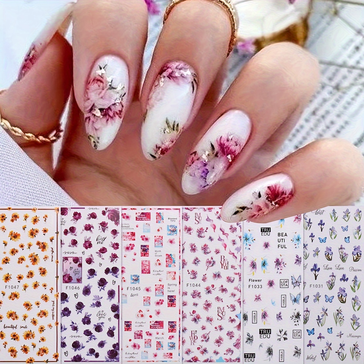 

6-piece Spring & Summer Floral Nail Art Stickers - Self-adhesive, Sparkle Finish With Flowers & Butterflies For Easy Diy Manicure
