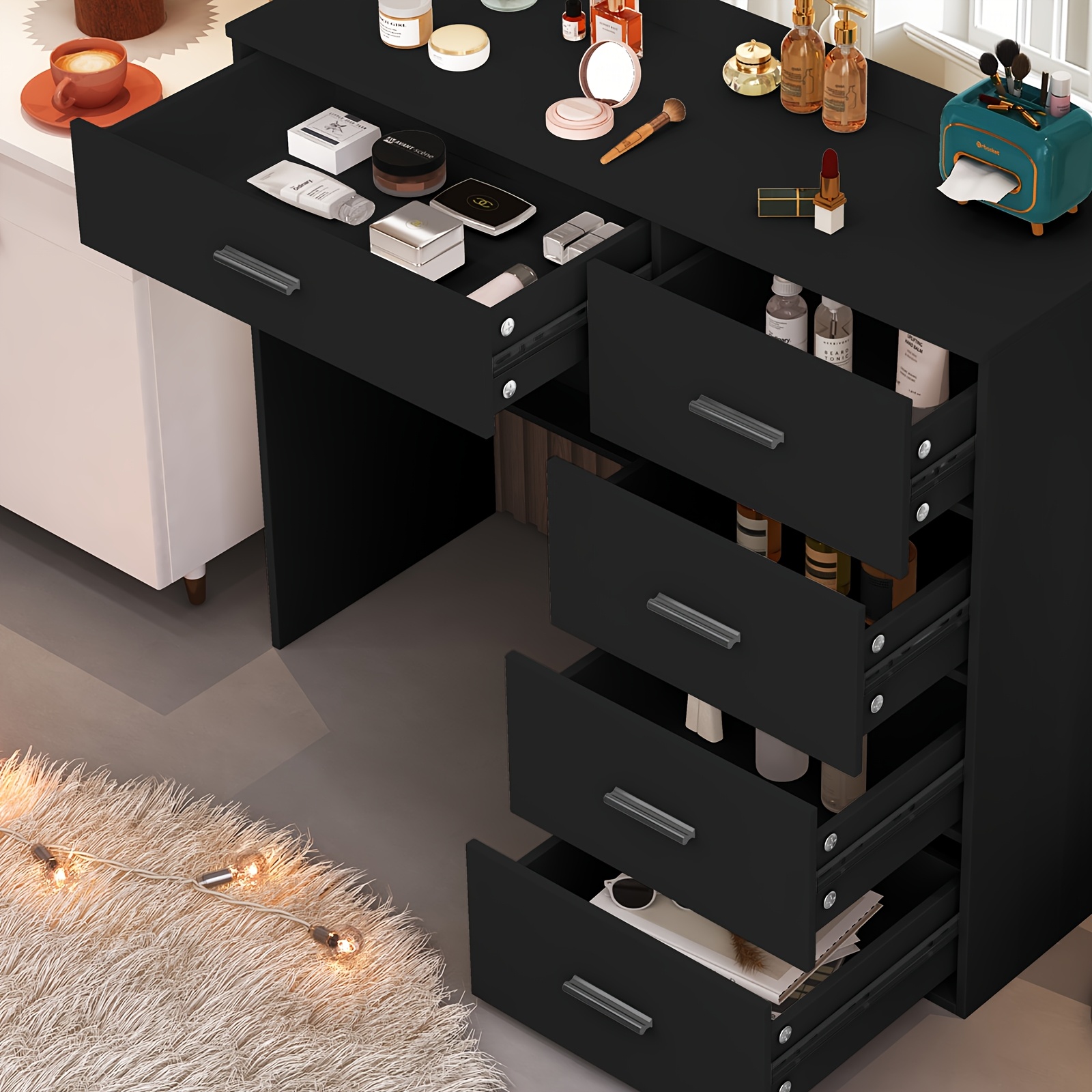     black dresser with large 11 led led bulbs adjustable pattern usb powered scandinavian   hardwood vanity organizer 3 2 cu ft storage 27   assembly dresser vanity desk modern aesthetic wood grain texture Product details 5