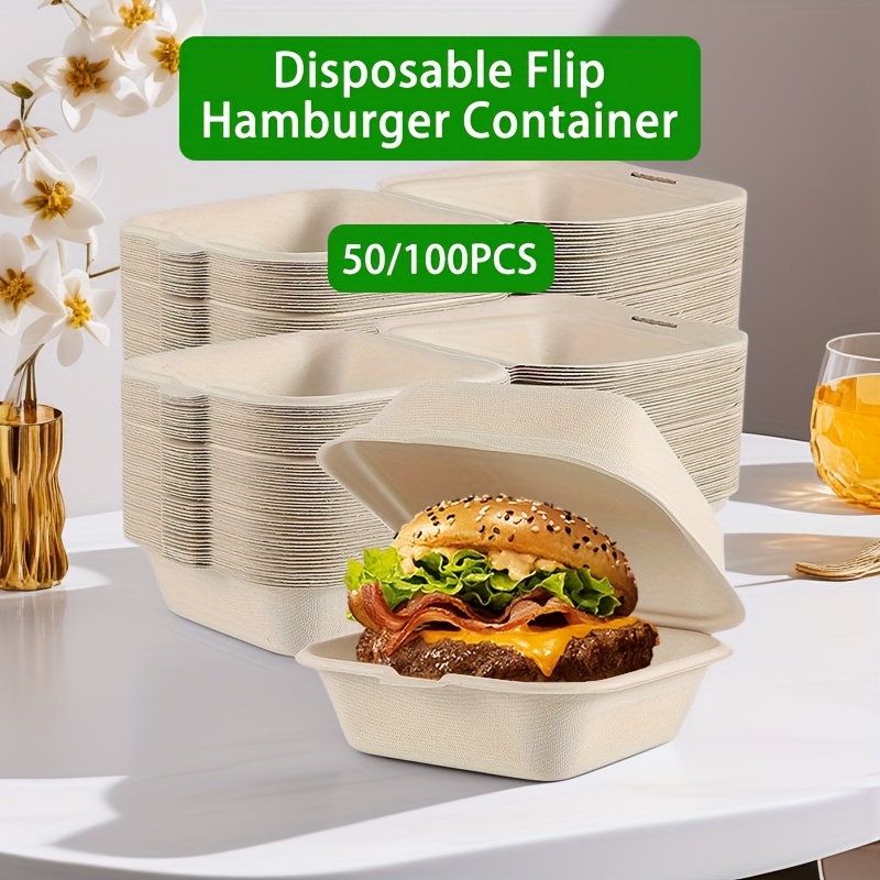 50 100pcs disposable flip hamburger containers clamshell storage   food boxes for burger wheat straw bento cake box for dessert sandwich salads single use   rectangle shape with single use for christmas halloween thanksgiving graduation labor day
