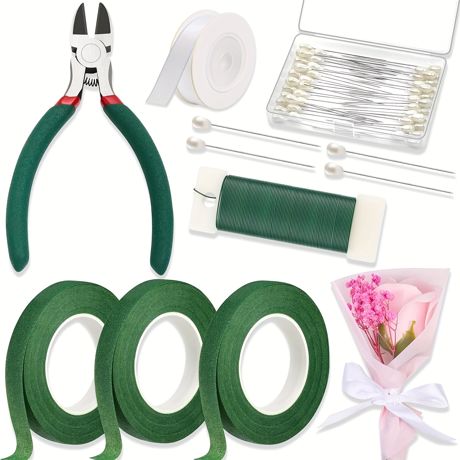 

Kit de Florale avec Ruban Vert, Fil de Fer, Épingles et Coupe-Fil - Idéal pour Bouquets, Artisanat et Fabrication de Couronnes