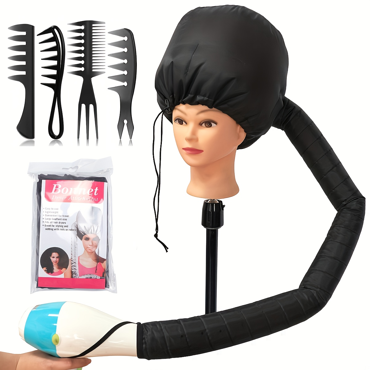 fünf-teiliges set mit einem schwarzen kamm zum stylen, einer haartrocknerhaube für den haushalt und einer föhnhaube zum warmtrocknen und zum schutz vor öl