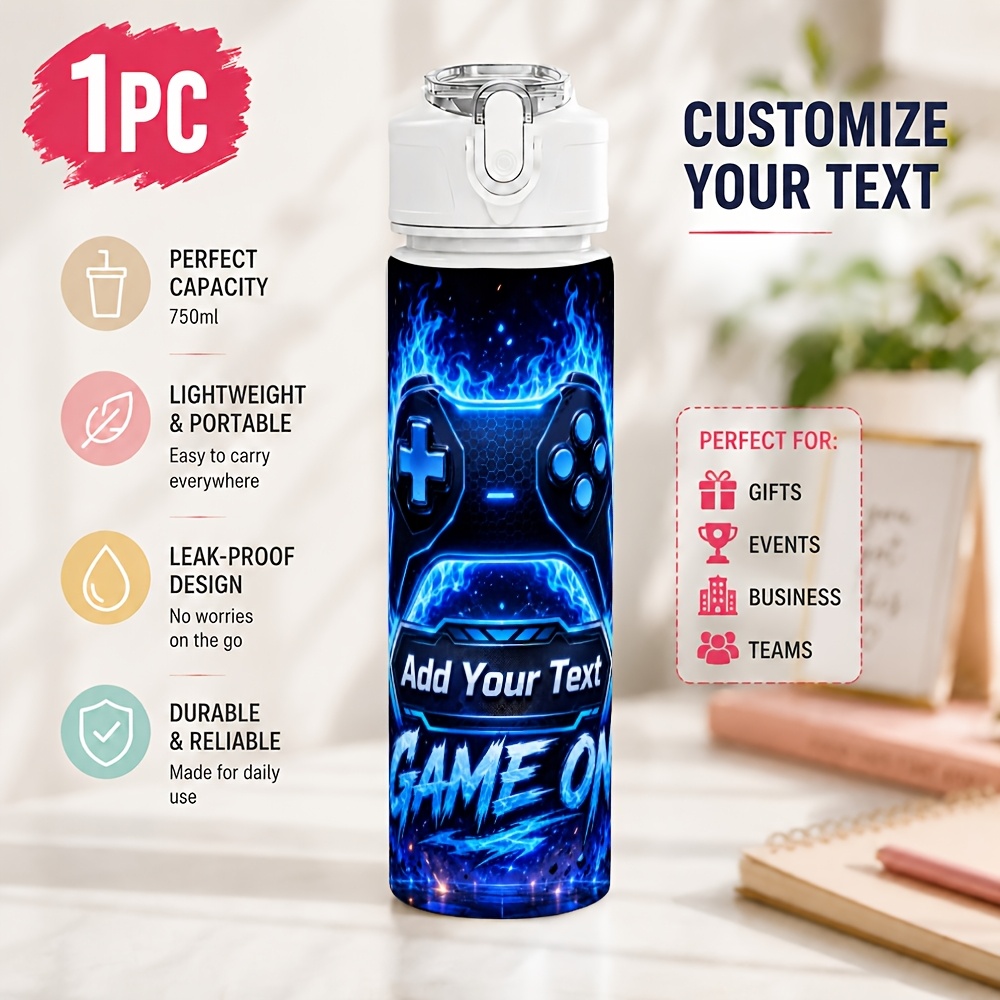 TEMU 1pc Personalized, Blue Controller Plastic Car Water Bottle, Gift Ready, Name Design, 750ml Sports Cup, Friendship Gift, For Road Trip, Birthday,
