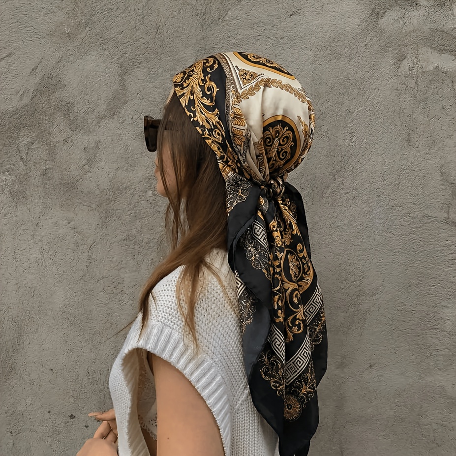 TEMU Classic Black Pattern Women's Large Size Square Scarf, Soft Windproof Headscarf, Smooth And Soft Texture, Use