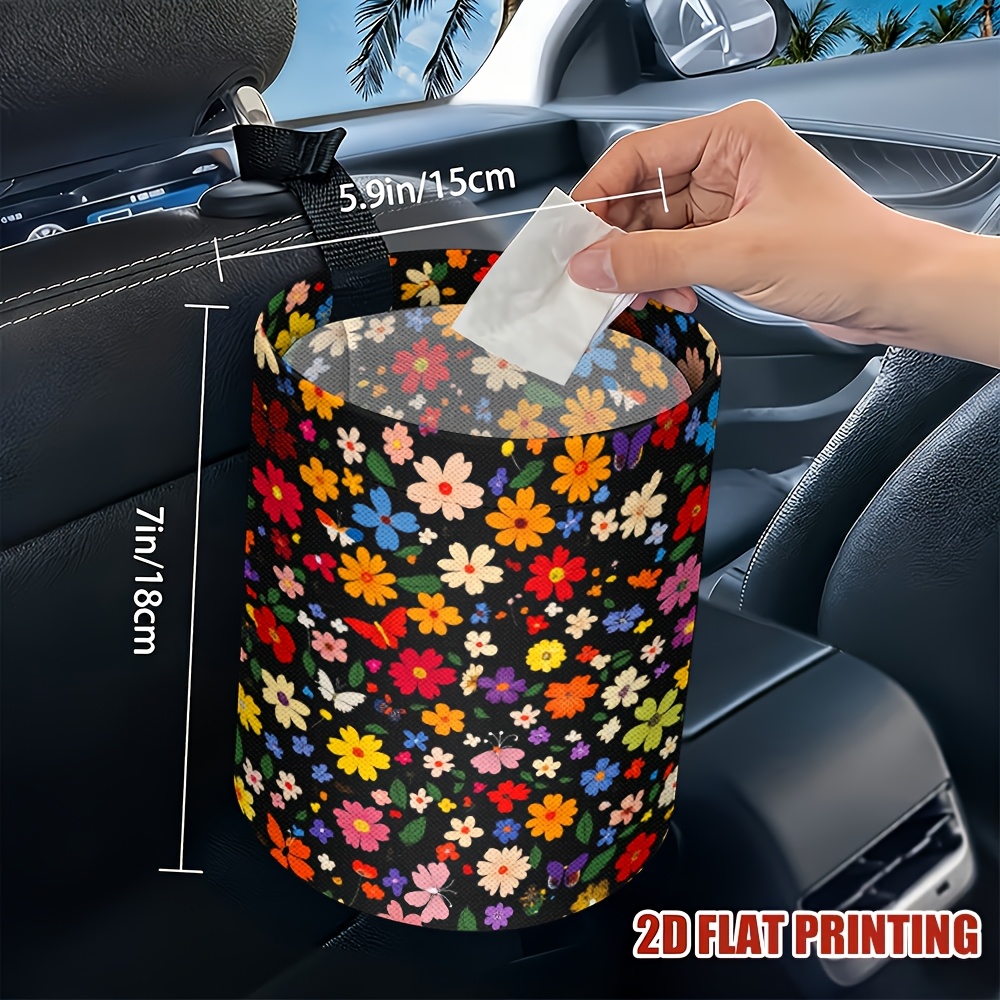 TEMU 1pc Psychedelic Floral Car Trash Can - Vibrant Foldable Printed Design, Fit For Vehicles, Durable Compact Waste Disposal | Car Accessory &