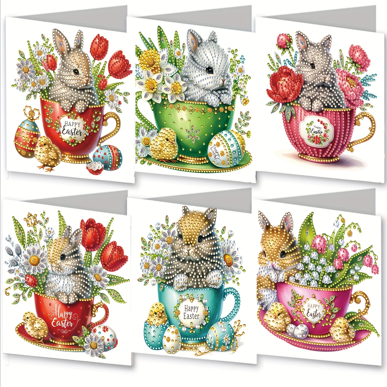 TEMU 6pcs/set 15.0*30.0cm/5.9*11.81inch Diy Diamond Painting Colorful Holiday Greeting Card Set Easter Cute Tea Cup Rabbit Pattern Irregular Diamond