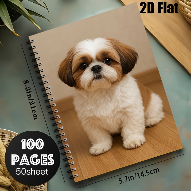 TEMU 1pc Cute Shih Tzu Puppy Design [2d] Flat Notebook Journal, 5.7x8.26inch Lined 100 Pages Personal Organizers For , Travel Planning, Study, Office