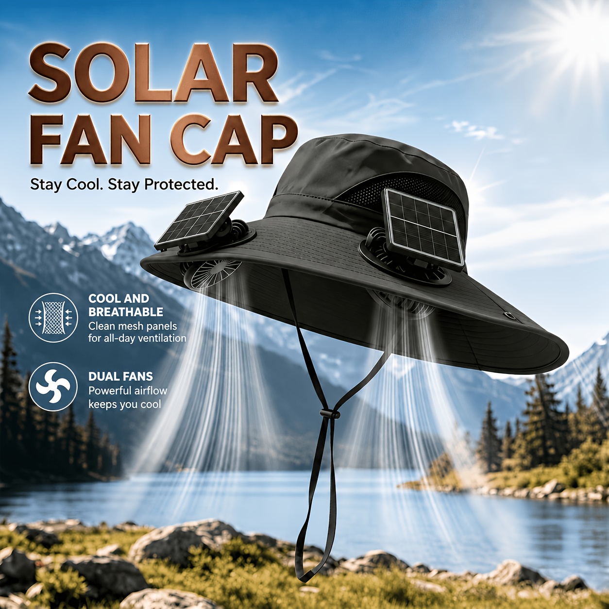 Image of Cooling Fan Hat For Summer Outdoor Use, Brim Sun Hat With 2 Fans, Adjustable Speed Breathable Hat For Men Women, Gardening, Fishing, Camping And Travel (2 Fans)