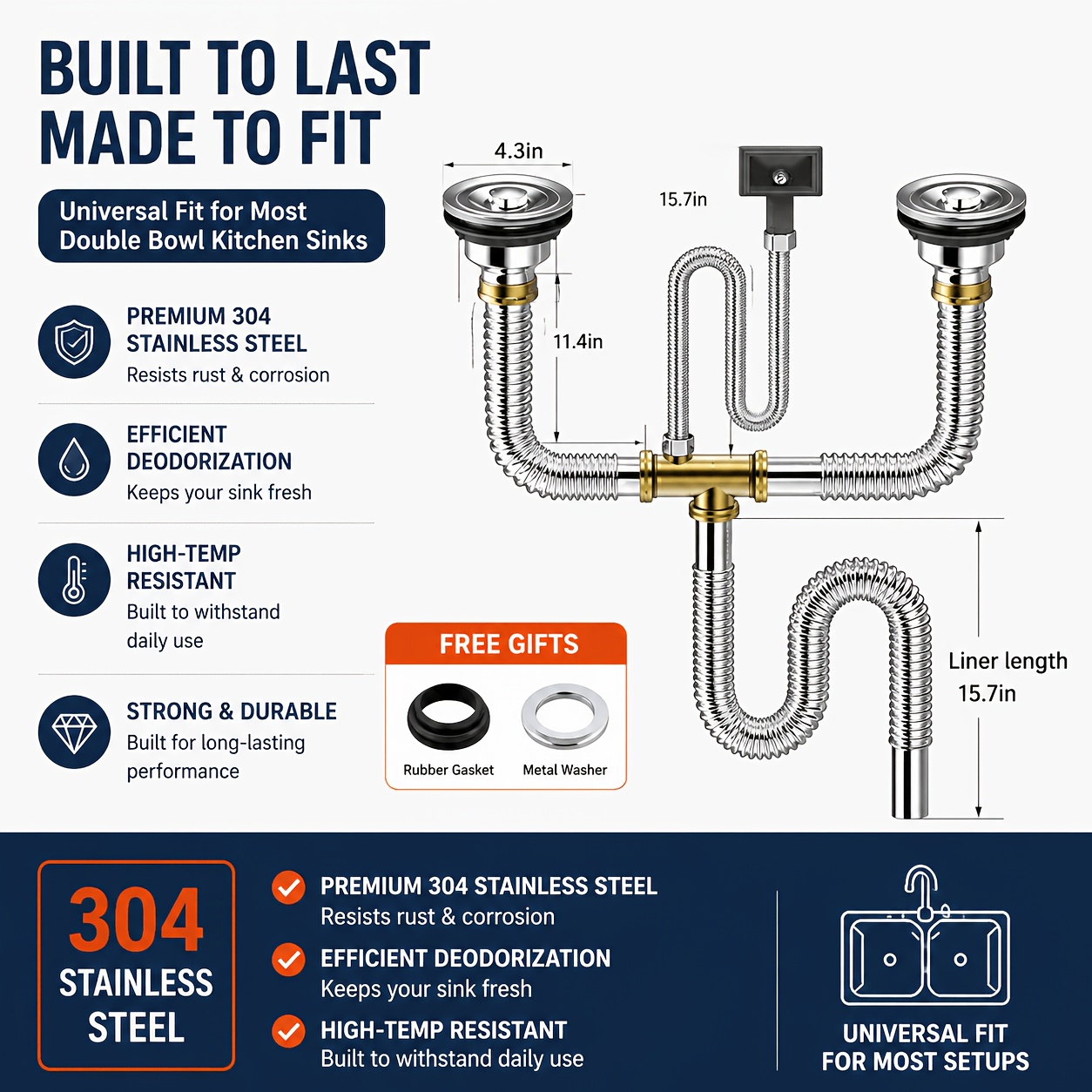 TEMU Kitchen Double Sink Drain Pipe Assembly, 304 Stainless Steel Anti-leak Kitchen Sink Plumbing Kit With Flexible Corrugated Hose & Silicone Seal,